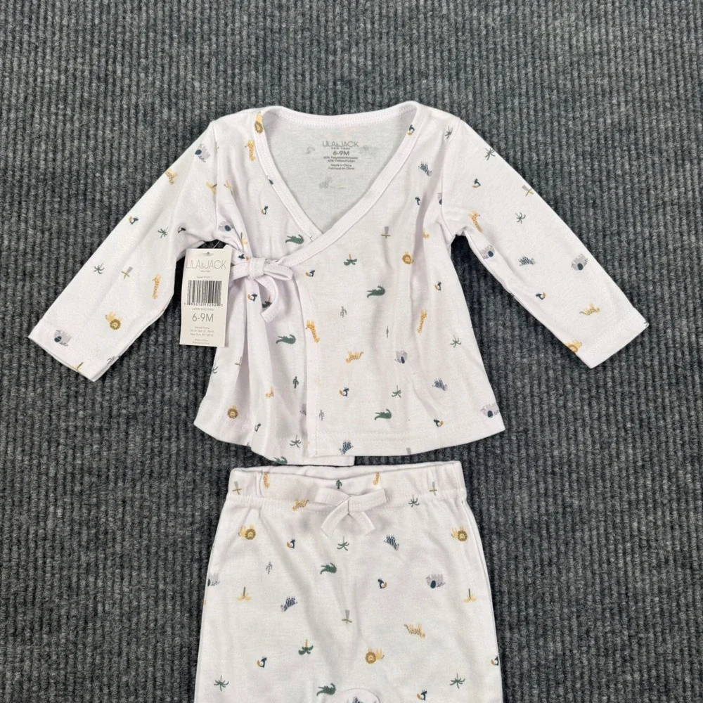 Lila & Jack Baby 6-9M Safari Animal Print Kimono Wrap Top & Footed Pants Set 256